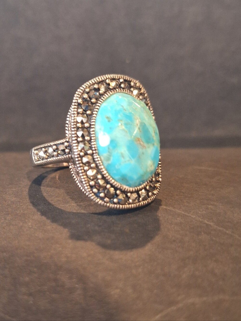Sterling Silver 925 Turquoise Oval Statement Ring - Bright Blue Stone